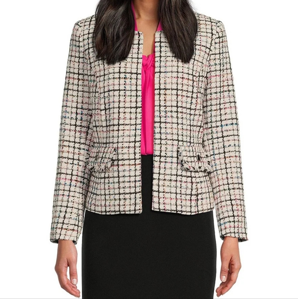 KASPER Tweed Long Sleeve Fringe Flap Pockets Cardigan